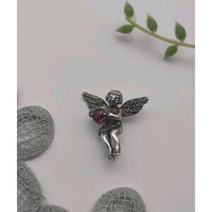 Vintage Judith Jack Angel Cherub Red Garnet Heart Sterling Silver Brooch Pin